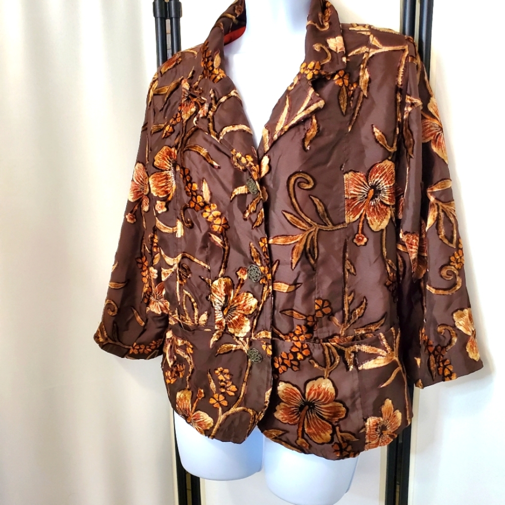 VINTAGE JULIA KEN KIMONO 🌸 Brown Floral Embroidered Jacket • Straight Cropped - Picture 3 of 17